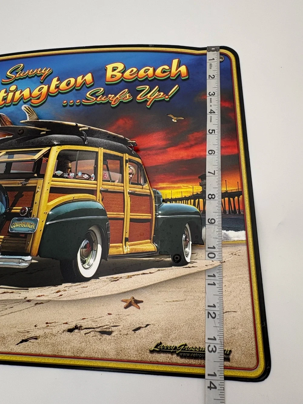3-D Visit Sunny Huntington Beach Surfs Up Metal Sign - Woody Surfboard Art Print